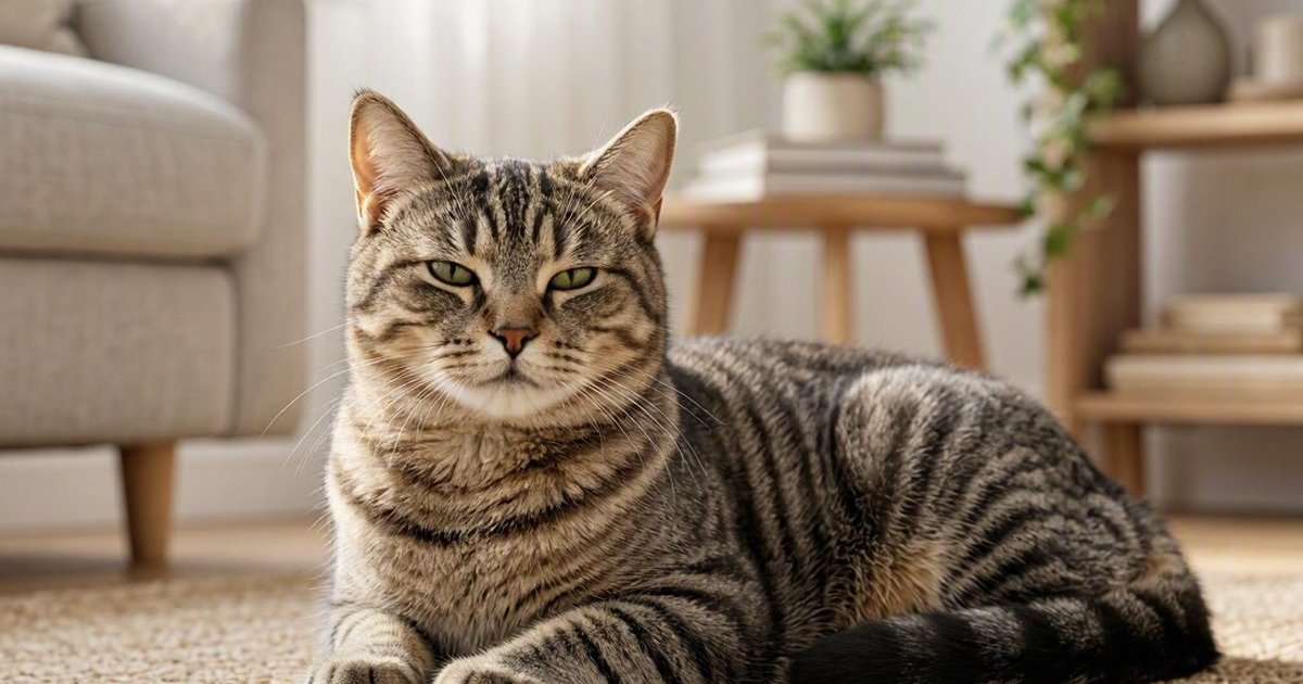 A striped gray tabby cat lies on a carpet in a cozy living room.