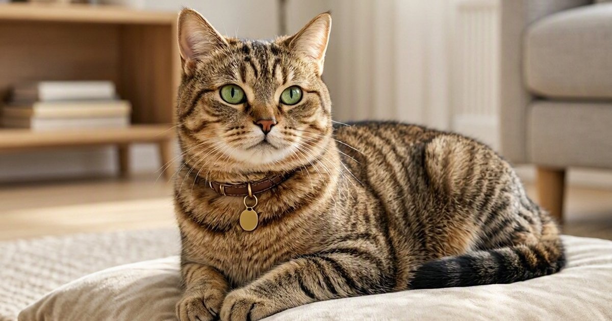 A tabby cat with green eyes and a collar lies on a bed in a warmly lit room.