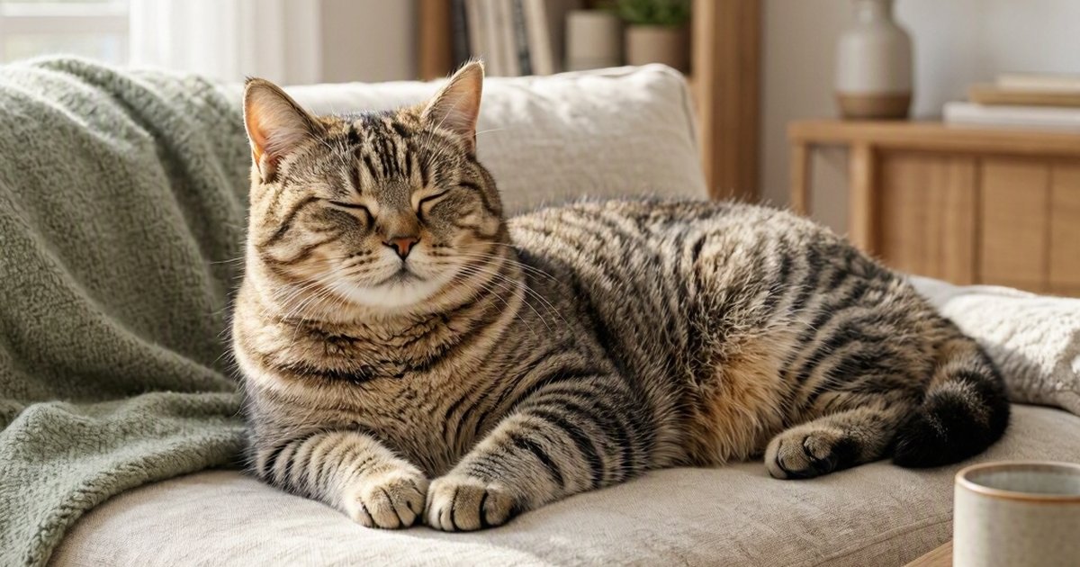 A tabby cat rests with eyes closed on a bed beside a green blanket and mug.