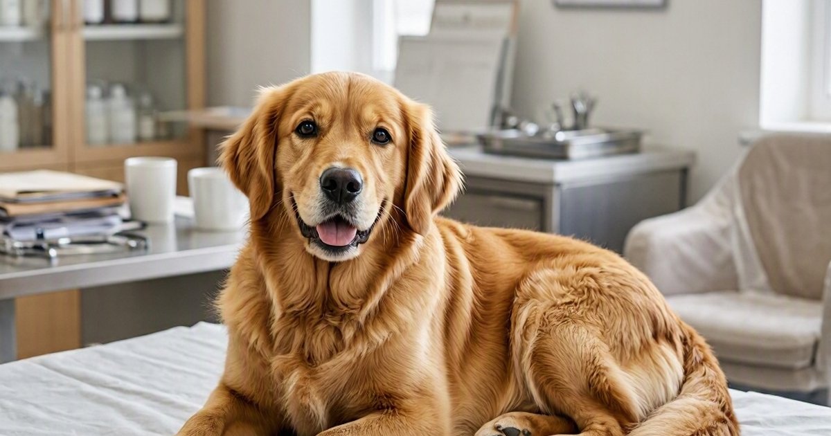 Golden retriever lying on a bed in a bright living room.