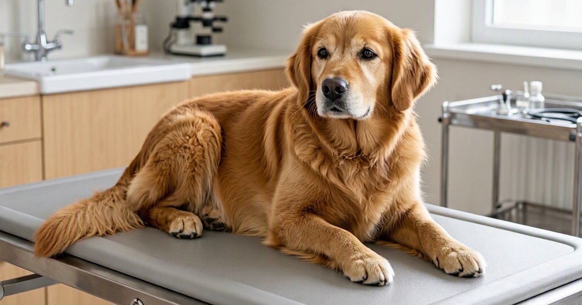 Golden retriever lying on a padded examination table in a bright veterinary room.