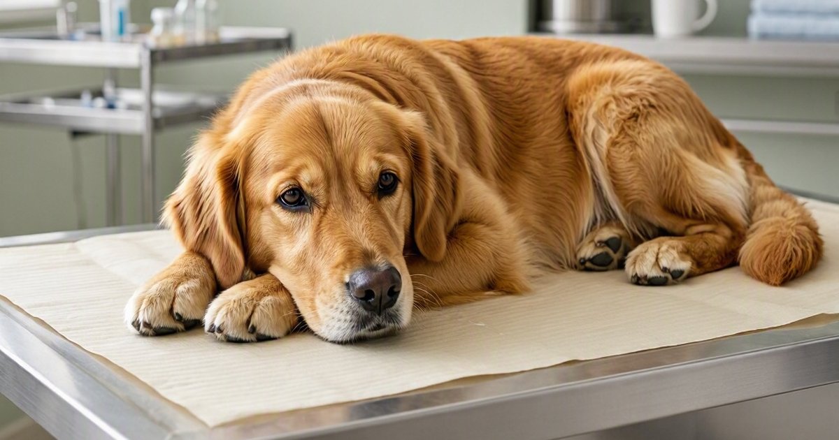 Golden retriever lying on a paper-covered examination table in a clinical room.