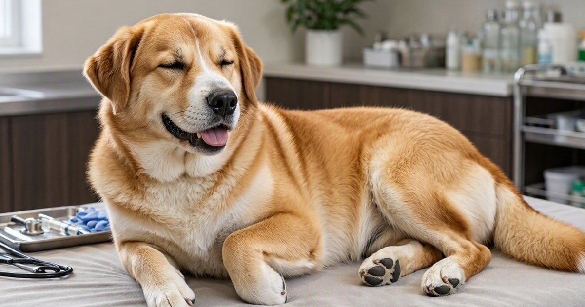 A tan and white dog lies on a veterinary examination table with its eyes closed and mouth open.