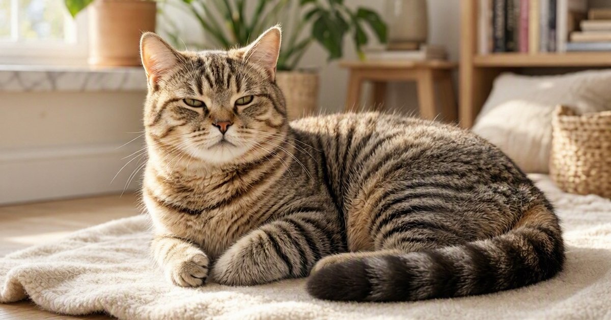 A striped tabby cat lies curled on a soft blanket in a sunlit room.