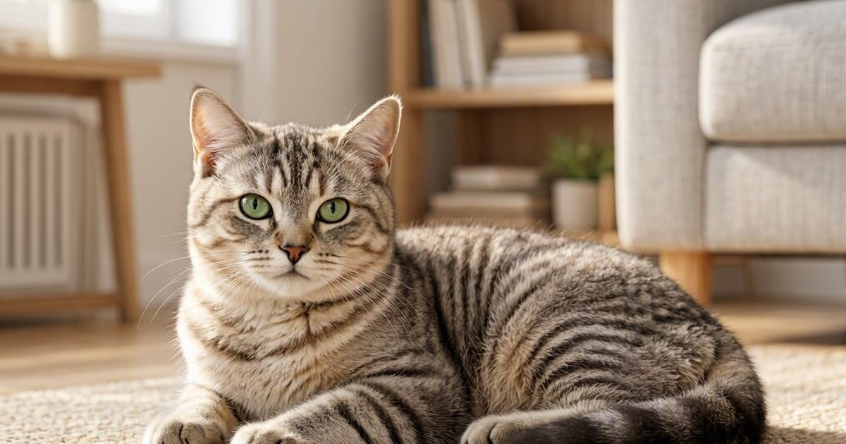 A striped gray cat with green eyes lies on a rug in a warmly lit living room.