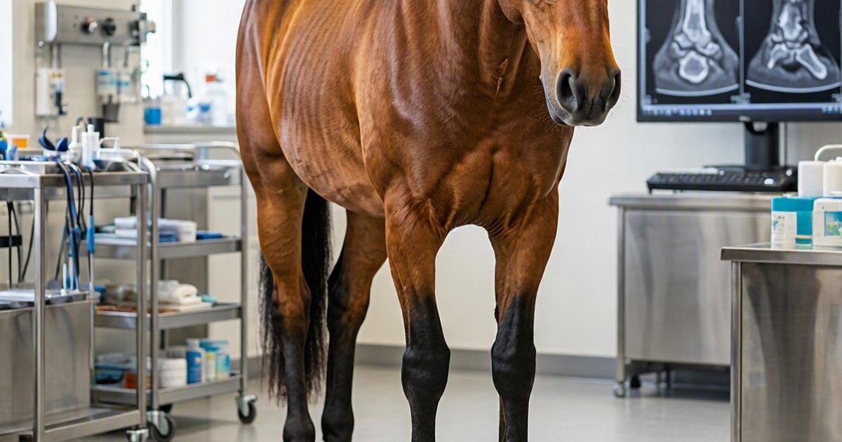A brown horse stands in a veterinary examination room beside medical carts and a monitor displaying X-ray images.