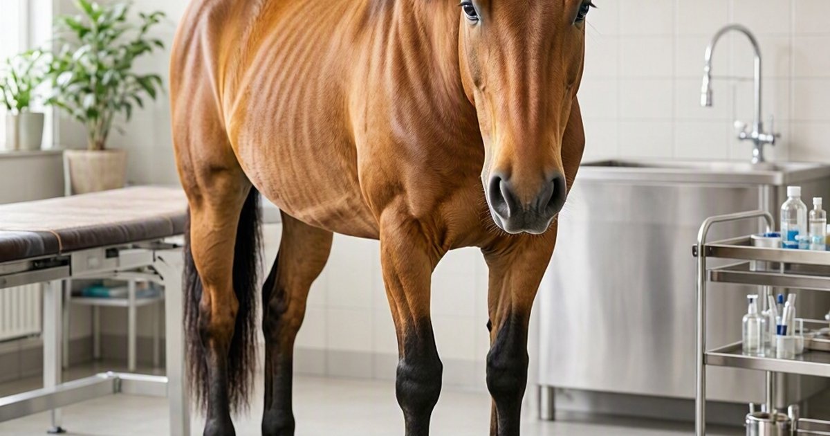 Brown horse standing in a bright tiled room beside a sink, examination table, and rolling cart.