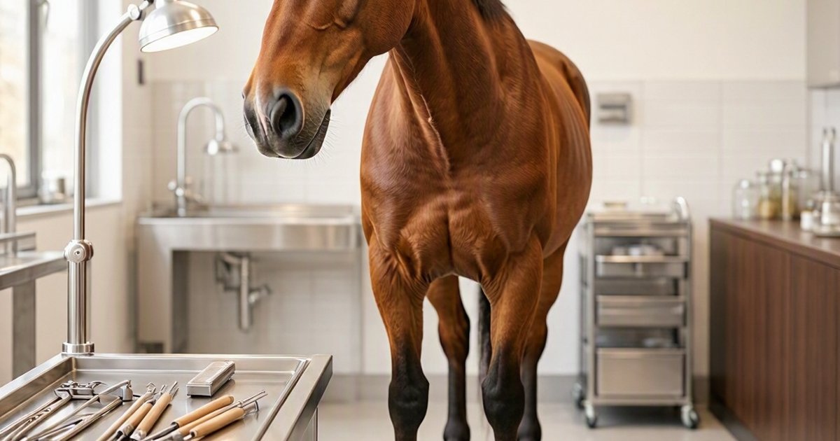 A brown horse stands in a bright tiled room beside a metal table holding grooming tools.
