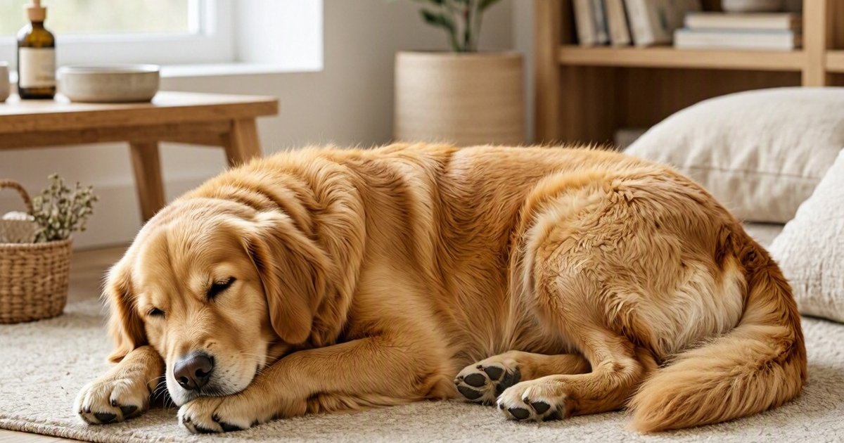 Golden retriever sleeping on a rug in a cozy bedroom.