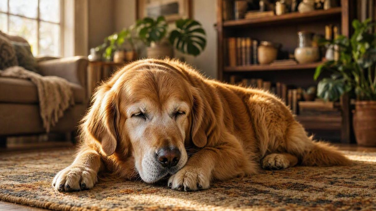 Grey-muzzled senior golden retriever resting calmly on a rug in warm natural light