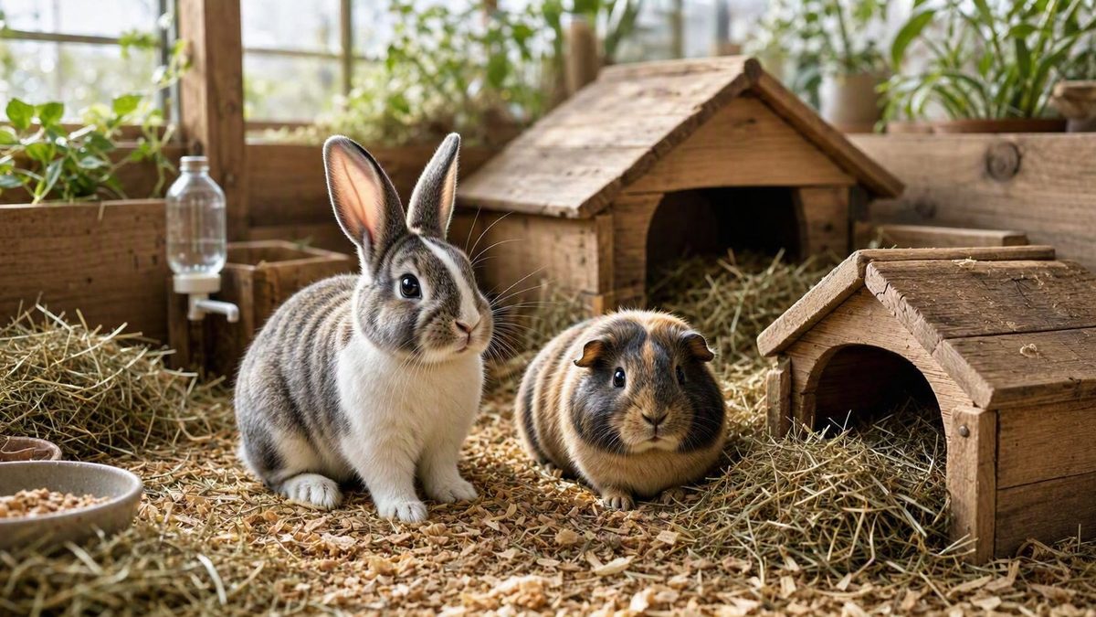 Pet rabbit and guinea pig in a spacious enclosure with deep bedding, hay, and wooden hides